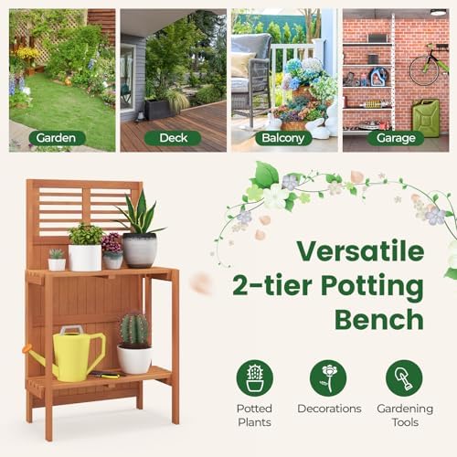 giantex folding potting bench, 2-tier gardening workstation w/storage, front angle view