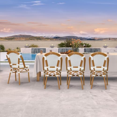 PURPLE LEAF Outdoor Dining Chair Set of 4 Bamboo Finish White Gray | Bamboo Finish Parisian Charm, Coated Aluminum Less Upkeep, Two-Tone Weave Easy Match, French Wicker Timeless Style, Armless