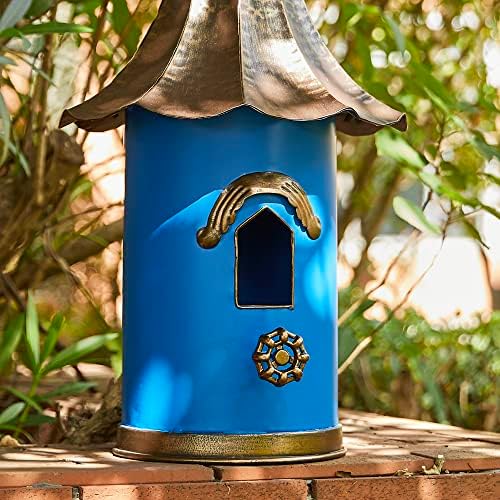 glitzhome 32”h metal hanging birdhouse for outdoors oversized on a desk or shelf