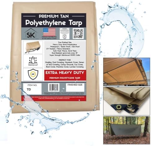 tan extra heavy duty 16 mil poly tarp, close-up detail