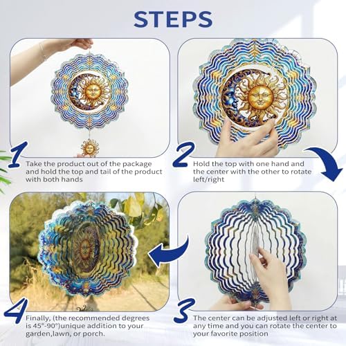 Sun and Moon Wind Spinners Outdoor Hanging - 12 inch Sun Outdoor Metal Decor Birthday Gifts for Women Mom Grandma,3D Wind Sculptures Art for Yard and Garden Patio Lawn Balcony Porch Decorations