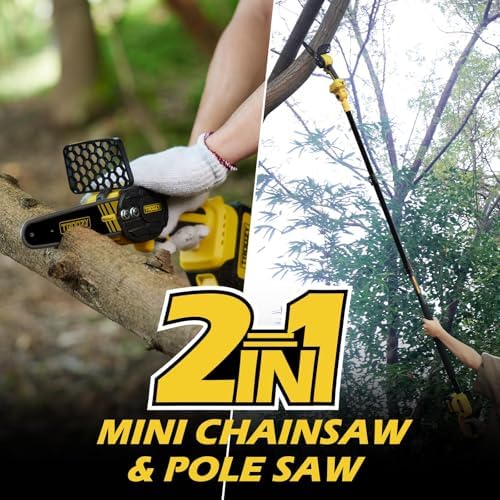 electric 2-in-1 cordless pole saw & 6" chainsaw, close-up detail