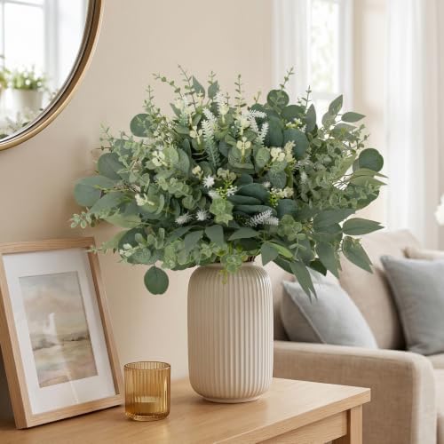 rowfad 135 pcs artificial eucalyptus stems, mixed greenery showing dimensions