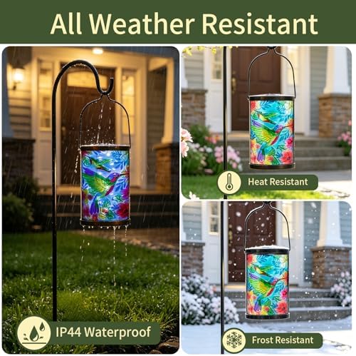 Hummingbird Solar Lantern, Hanging Glass Outdoor Garden Light | Raised hummingbird artwork, colorful fused glass, warm dusk glow, solar auto on/off, hang or stand on patio, porch and garden