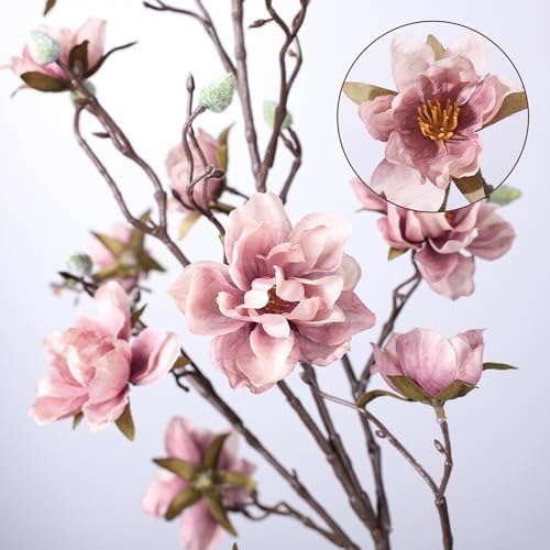 hyeflora 3pcs artificial magnolia flowers stems for spring, front angle view