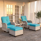 Outdoor Patio Furniture Set Patio Rocking Swivel Chair with Ottomans Outdoor Wicker Rattan Bistro Set with Tempered Glass Side Table for Garden, Deck, and Balcony, Turquoise