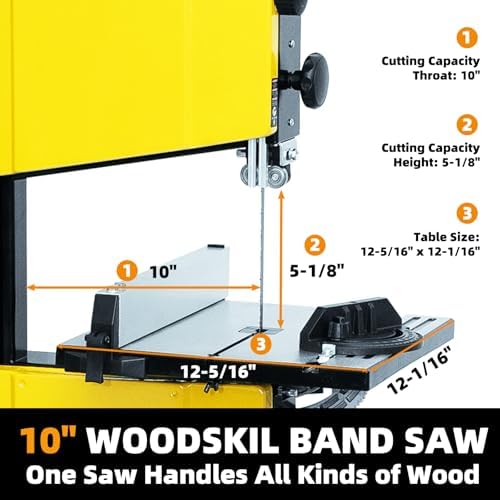 woodskil 10-inch benchtop bandsaw with stand, 3.4a dual-speed, close-up detail