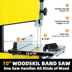 woodskil 10-inch benchtop bandsaw with stand, 3.4a dual-speed, close-up detail