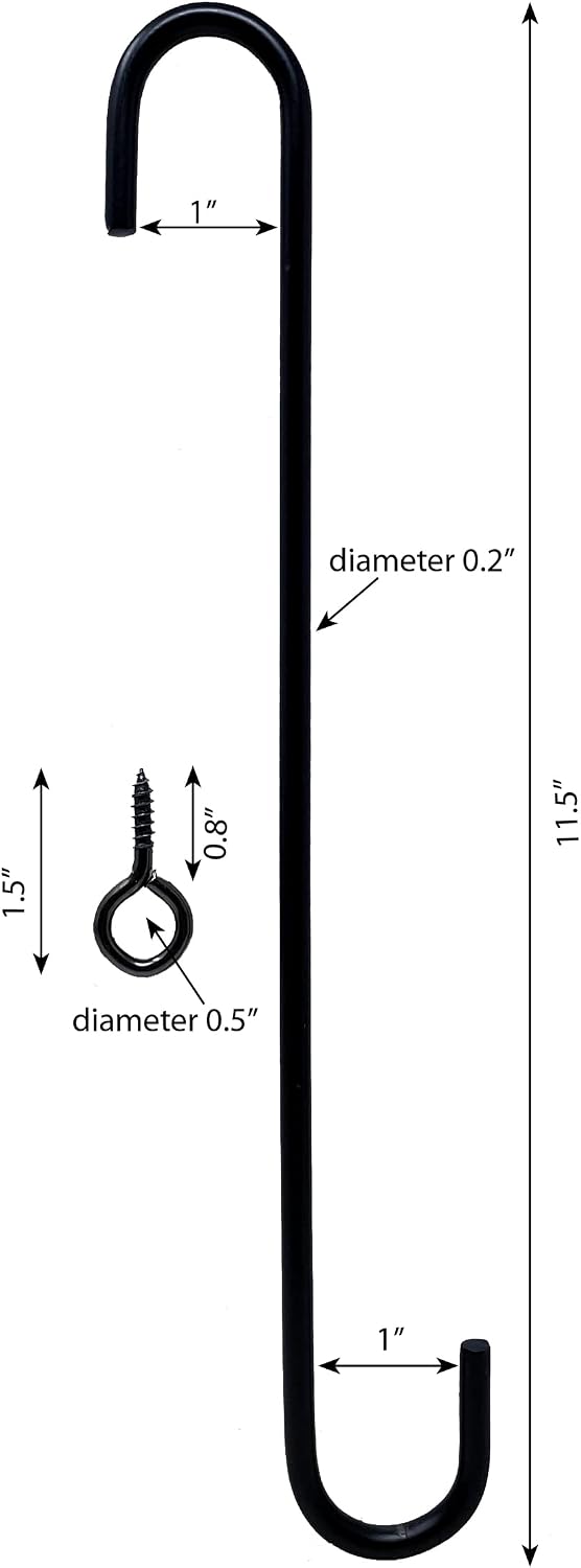 YH12-01 12-Inch Extension S Hook for Hanging Plants, Bird Feeders, Lanterns and more, Powder Coated Black, 4-pack