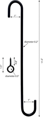 YH12-01 12-Inch Extension S Hook for Hanging Plants, Bird Feeders, Lanterns and more, Powder Coated Black, 4-pack