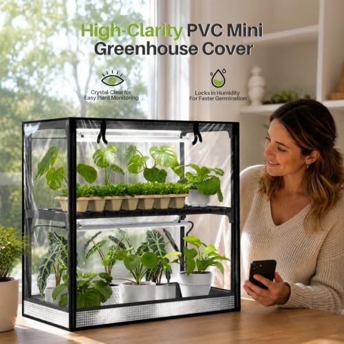 2-tier desktop indoor greenhouse with grow light, 11.8x23.6x23.6 shown in use