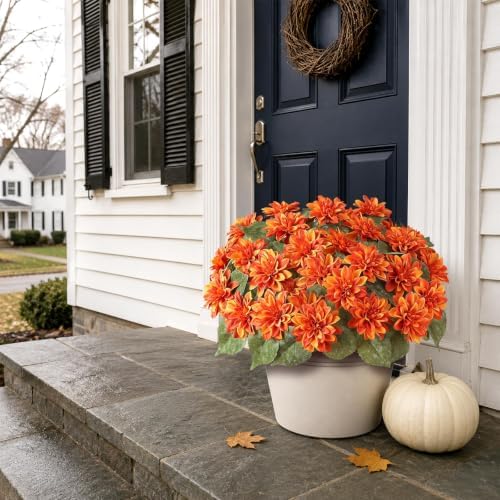 2 set fall artificial dahlia topiary ball trees shown in use