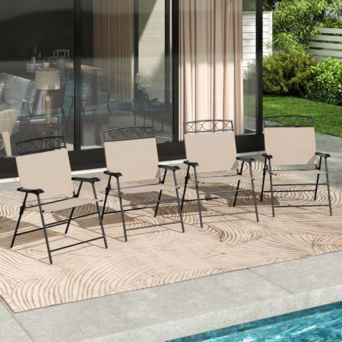 GIANTEX Set of 4 Patio Folding Chairs, Outdoor Dining Chairs for Camping, Beach, Backyard, Deck, Portable Dining Chair w/Armrest and Metal Frame, Beige