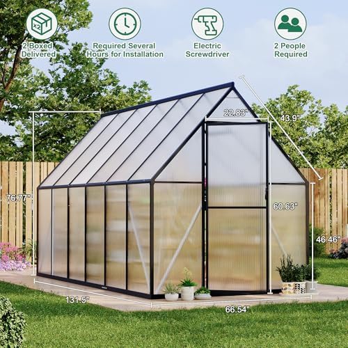 6'x11' aluminum-framed polycarbonate greenhouse, heavy duty polycarbonate greenhouse shown in use