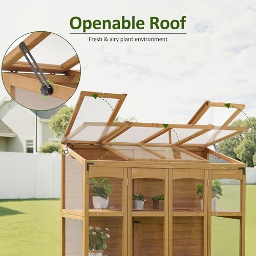 mcombo wooden walk-in greenhouse, open roof & lockable showing dimensions