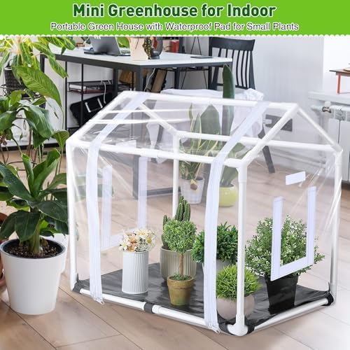 mini greenhouse with potting mat for indoor plant on a desk or shelf