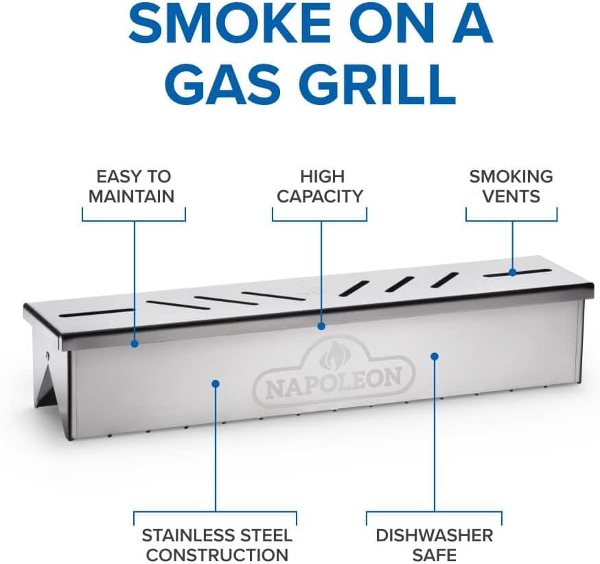 Napoleon Stainless Steel Smoker Box 67013 Add Smoky Flavor to BBQ, Easily Turn Gas Grill Into Smoker, Add Wood Chips or Chunks to Smoke Food on Barbecue 16.25 x 2.54 x 3.5