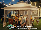 COBIZI 11x11 FT Pop up Gazebo Canopy Tent - Outdoor pop up gazebos on Clearance,carpas para Patio,Shelter - Screen Tents with Portable Carry Bag,Patio Gazebos for Camping,Garden,Deck,Backyard,Khaki