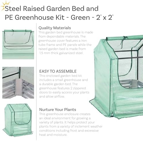 sunnydaze steel raised garden bed with mini greenhouse shown in use