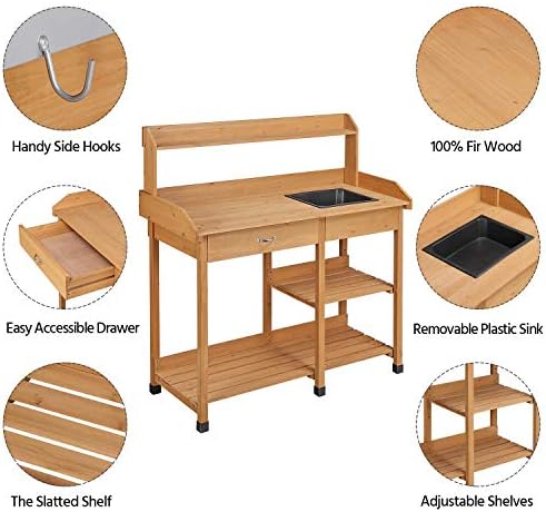 yaheetech potting bench with sink & drawer, outdoor, side view