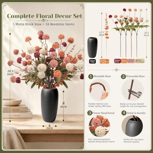 der rose fall artificial flowers with vase, 18 shown in use