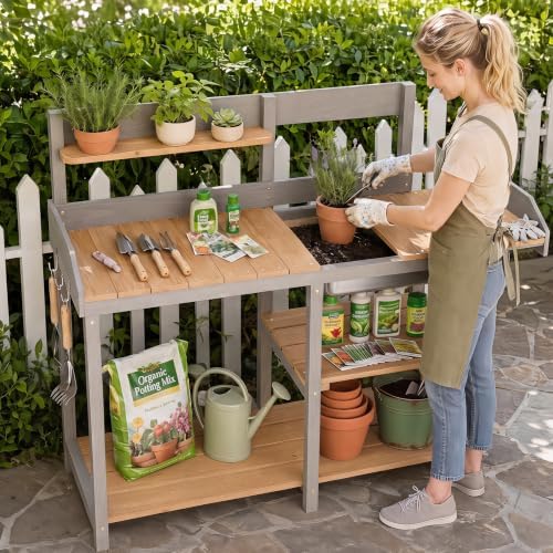 wooden potting bench table with sink,outdoor garden table, main product view