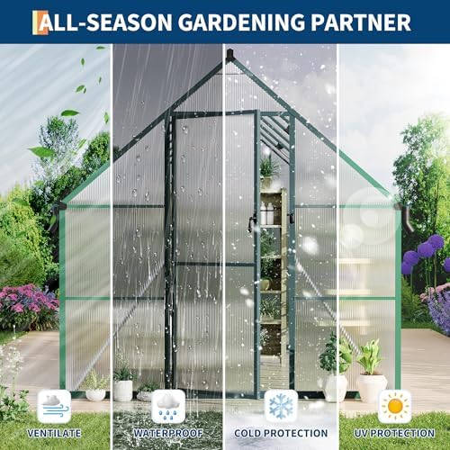 8'x12' aluminum-framed polycarbonate greenhouse, heavy duty green house, side view