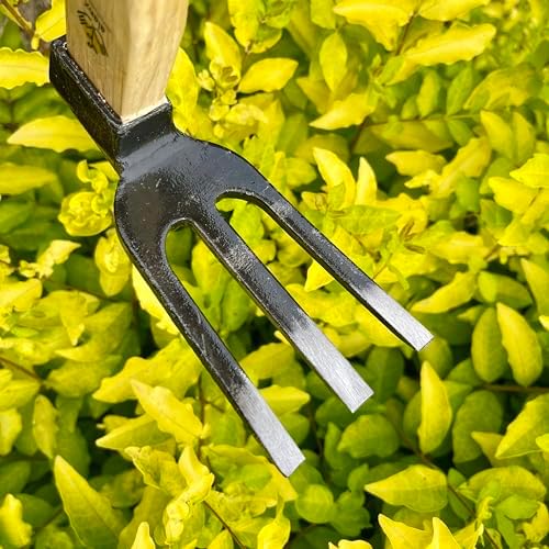 14 inch japanese hand tiller/rake for garden, 3-tines, side view