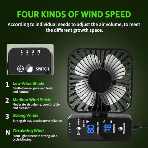 4" grow tent clip fan, 4-speed airflow, 90°, close-up detail