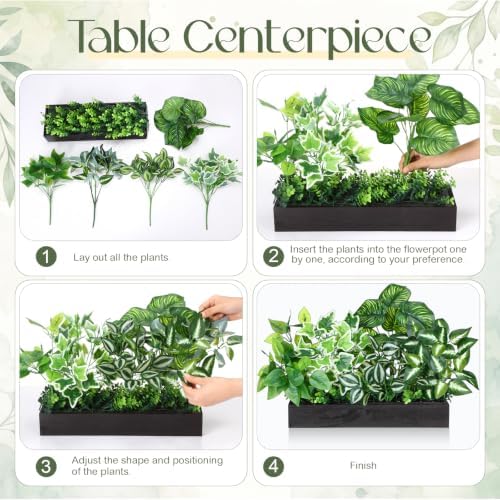 canlierr artificial greenery plants arrangement in rectangular wooden, close-up detail