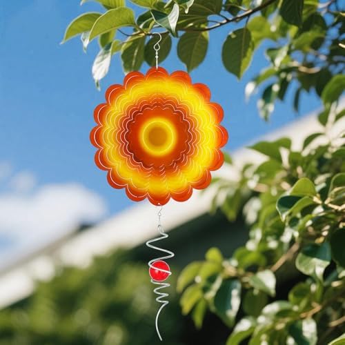 Sun Wind Spinner Outdoor Decor, Yellow Orange Sunflower 6 Inch 3D Wind Sculpture for Garden Patio Yard Hanging, Ideal Gifts for Mom Women