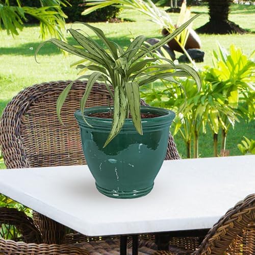 sunnydaze studio 15" round ceramic planter, dark green on a desk or shelf