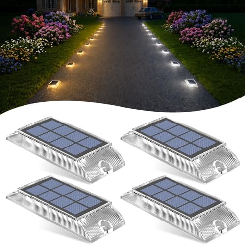 Lacasa Solar Deck Lights 4 Pack, 2 Color in 1 Driveway Lights Outdoor | Dusk to Dawn Driveway Solar Lights for Yard, Patio, Garden, Pathway, Walkway, Dock, Warm & Cool White