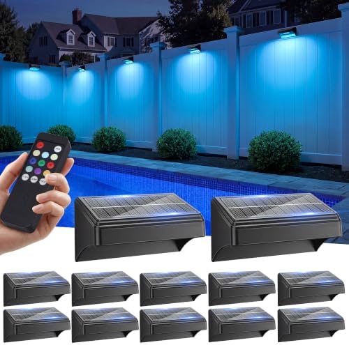 VOLISUN Fence Lights Solar Powered with Remote, 9 Fixed Colors 12 Modes, Solar Fence Lights Outdoor Waterproof, Warm/Cool White, RGB LED Deck Lights for Yard/Railing/Balcony/Patio/Outside, 12 Pack