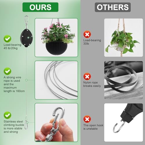 heavy duty plant pulley, retractable plant hanger with showing dimensions