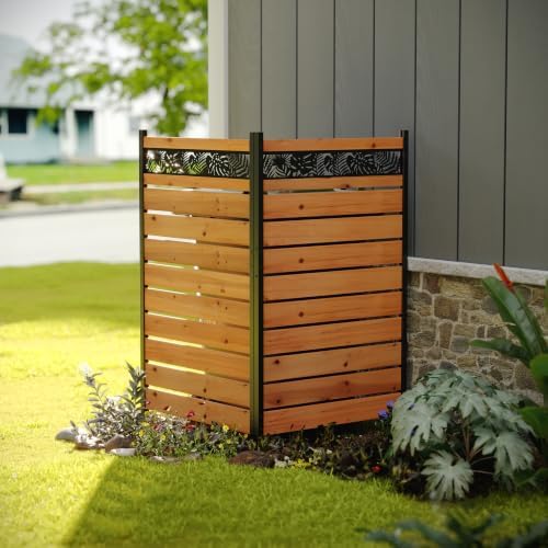 wood privacy screen, no dig outdoor fence,reddish brown shown in use
