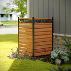 wood privacy screen, no dig outdoor fence,reddish brown shown in use