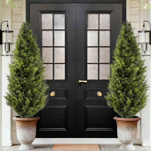 6ft artificial cedar topiary trees, set of 2 on a desk or shelf