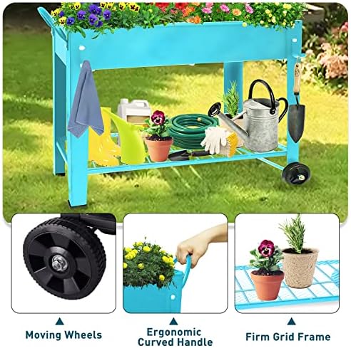 raised planter box beds with wheels legs, elevated showing dimensions