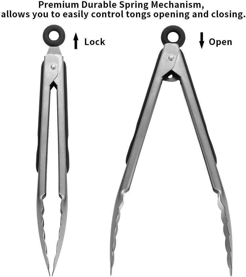 YuanKanJu Kitchen Tongs for Cooking Grilling, Aisoso 9-inch and 14-inch Set of 2 Heavy Duty Grill Tongs, 430 Premium Stainless Steel with Heat Resistant Silicone Grips and Sturdy Lock Ring