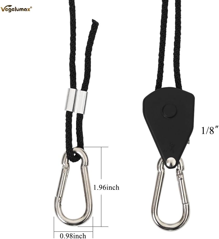 1/8Inch Heavy Duty Adjustable Rope Clip Hanger Reinforced Metal Internal Gears for Growing Light Fixtures,Various Tie-Down Uses,Loose-Proof Design,8ft Long,150lbs Weight Capacity,Black,1Pair