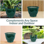 sunnydaze studio 15" round ceramic planter, dark green, close-up detail