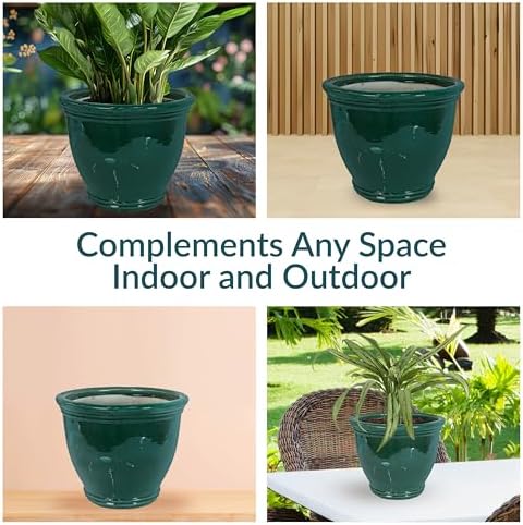 sunnydaze studio 15" round ceramic planter, dark green, close-up detail
