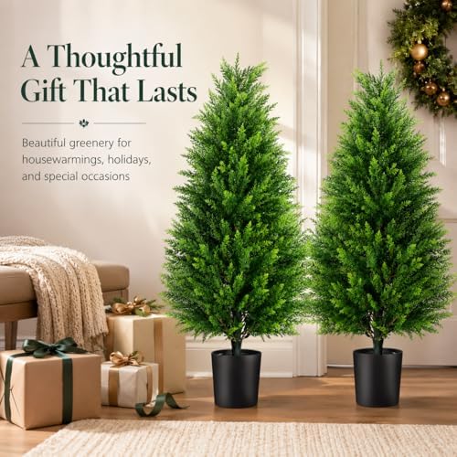 artificial topiary cedar trees, 3ft tall, set of on a desk or shelf