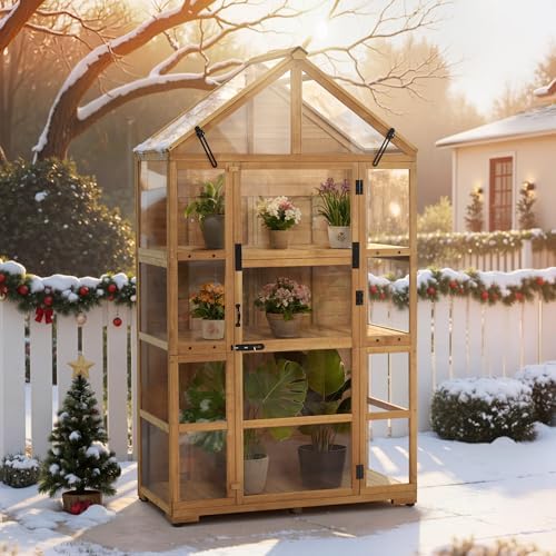 mcombo wooden greenhouse with roof & adjustable shelves shown in use