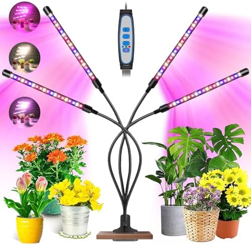 Grow Lights for Indoor Plants, Full Spectrum with Clip, 4 Head | 6000K Plant Light, Timer 6/12/16Hrs, 3 Spectrums, 5 Dimmable Levels, Flexible Gooseneck