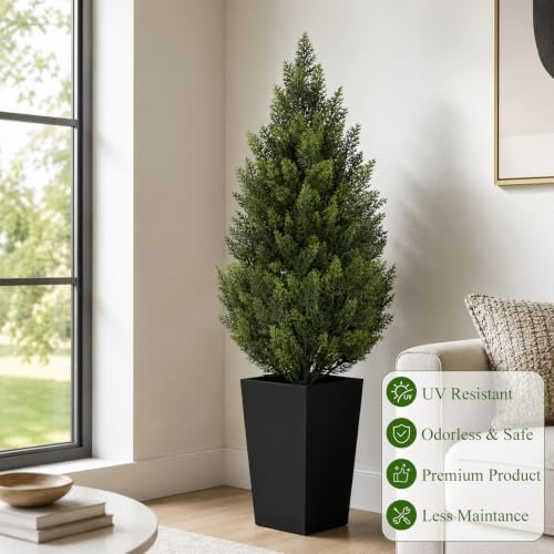 4ft artificial topiary trees with black planter, tall, front angle view