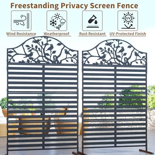 metal outdoor privacy screen freestanding decorative fence, black shown in use