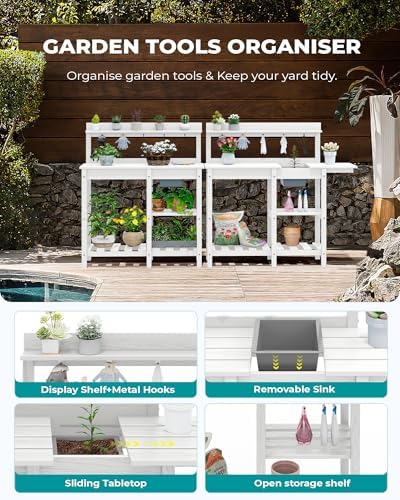 serwall outdoor potting bench with removable sink,gardening table,white showing dimensions