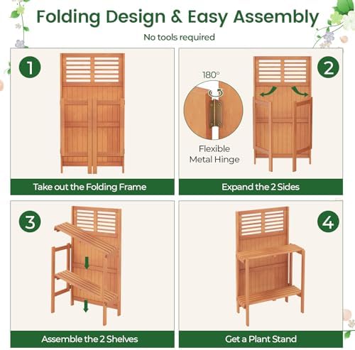 giantex folding potting bench, 2-tier gardening workstation w/storage, close-up detail